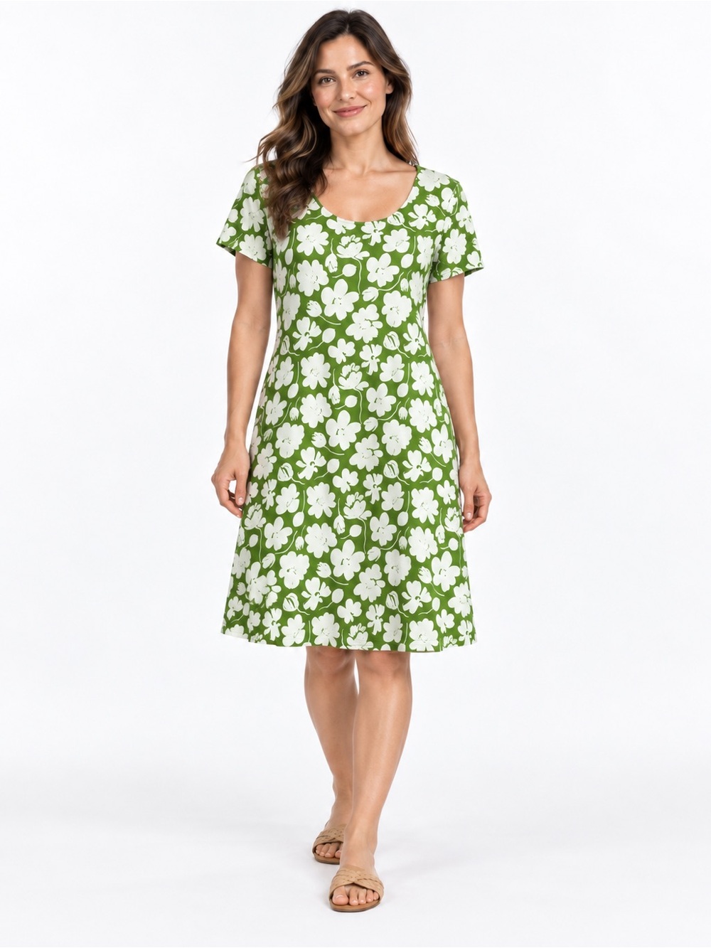 The Vermont Country Store Green White Floral A-Line Midi Dress Size M